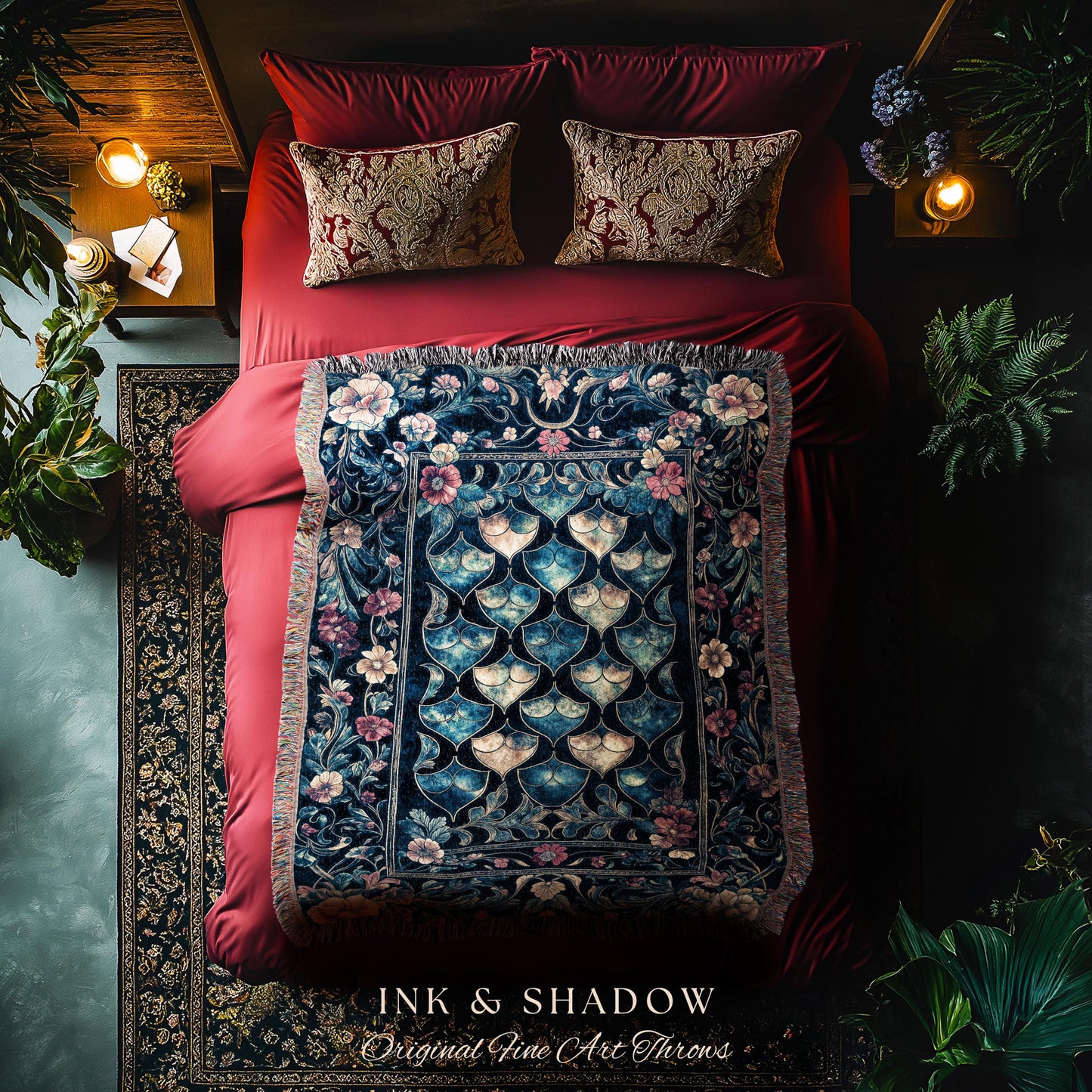 Medieval Dragon Scale Victorian Tapestry | Dark Navy Blue Gothic Dark Academia Aesthetic Fairytale Home Decor Enchanted Woven Throw Blanket