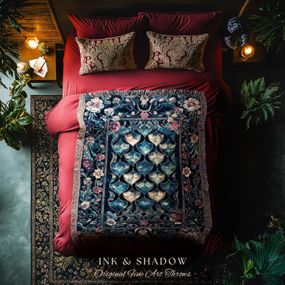Medieval Dragon Scale Victorian Tapestry | Dark Navy Blue Gothic Dark Academia Aesthetic Fairytale Home Decor Enchanted Woven Throw Blanket