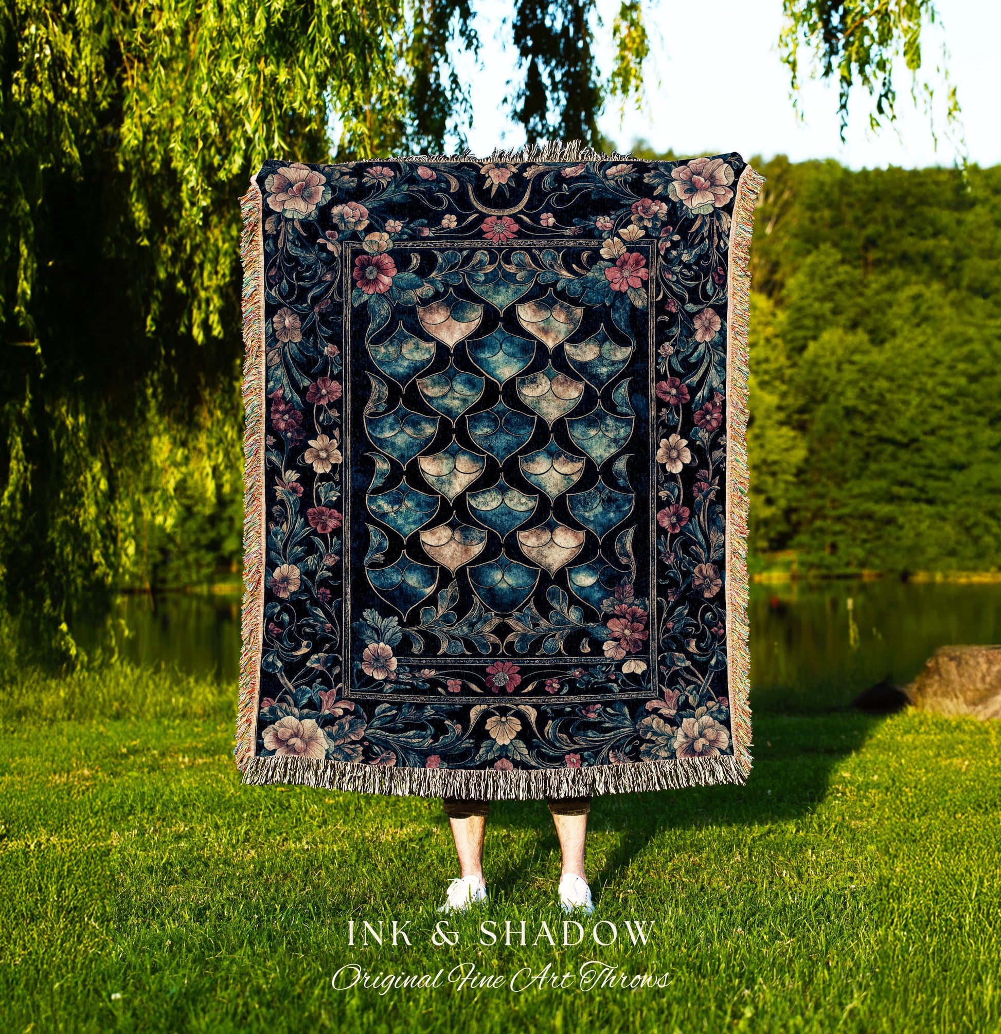 Medieval Dragon Scale Victorian Tapestry | Dark Navy Blue Gothic Dark Academia Aesthetic Fairytale Home Decor Enchanted Woven Throw Blanket