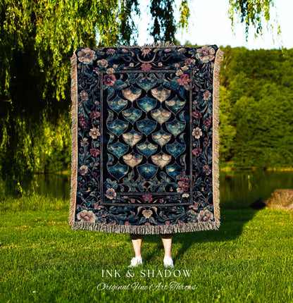 Medieval Dragon Scale Victorian Tapestry | Dark Navy Blue Gothic Dark Academia Aesthetic Fairytale Home Decor Enchanted Woven Throw Blanket