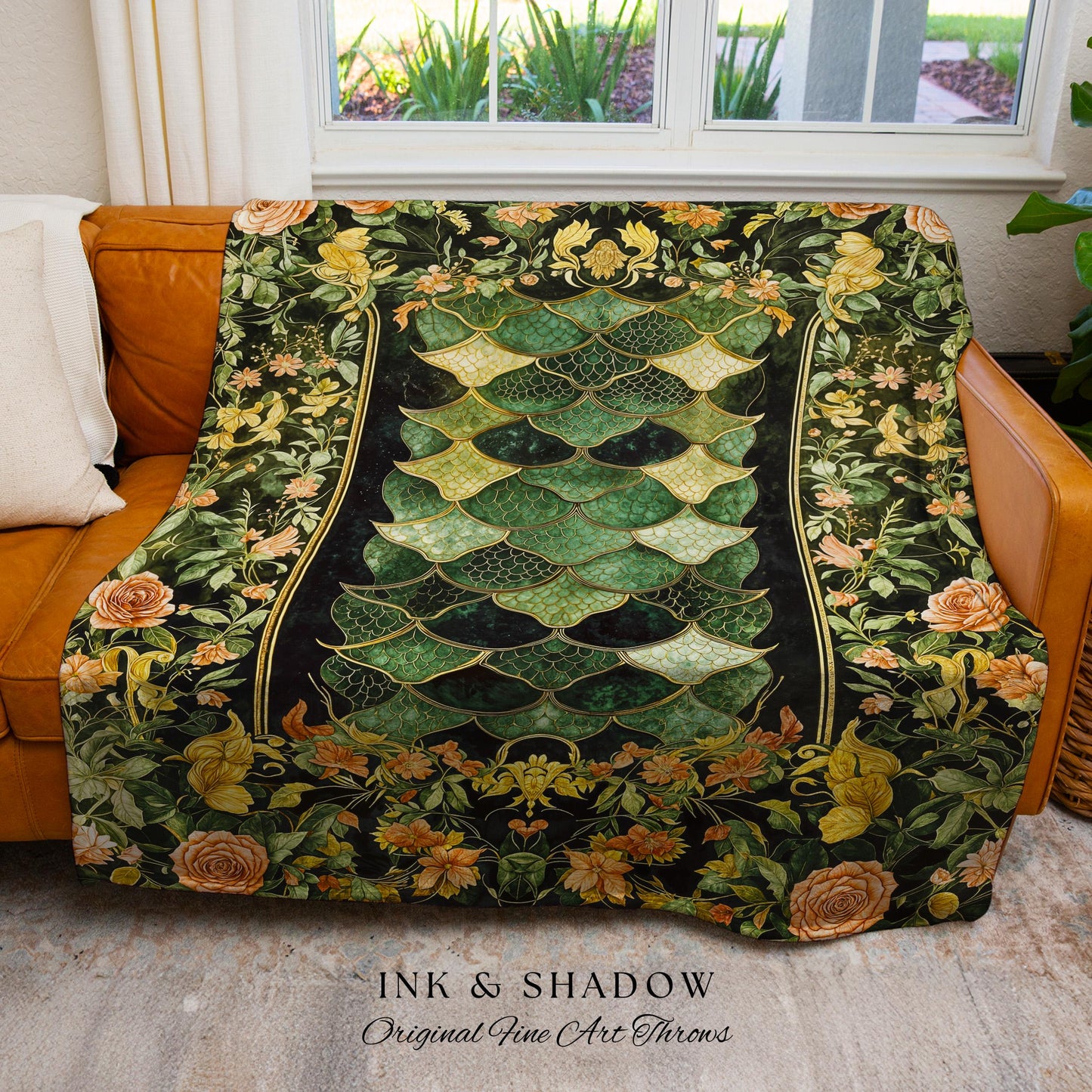 Dark Magic Dragon Scale Blanket | Fantasy Aesthetic Sage Green Decorative Blanket Cottagegoth Medieval Woven Tapestry Book Nook Academia |