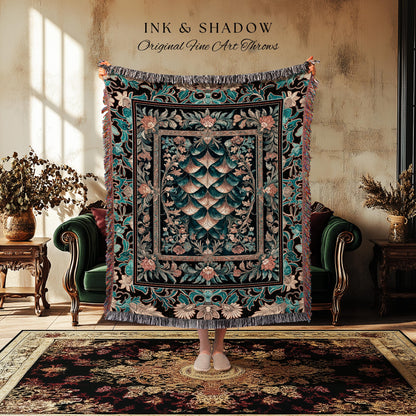 Art Deco Ornate Home Throw Blanket | Dark Academia Baroque Floral Woven Tapestry Maximalist Floral Eclectic Medieval Colorful Dragon Scales