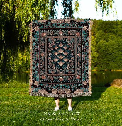 Art Deco Ornate Home Throw Blanket | Dark Academia Baroque Floral Woven Tapestry Maximalist Floral Eclectic Medieval Colorful Dragon Scales