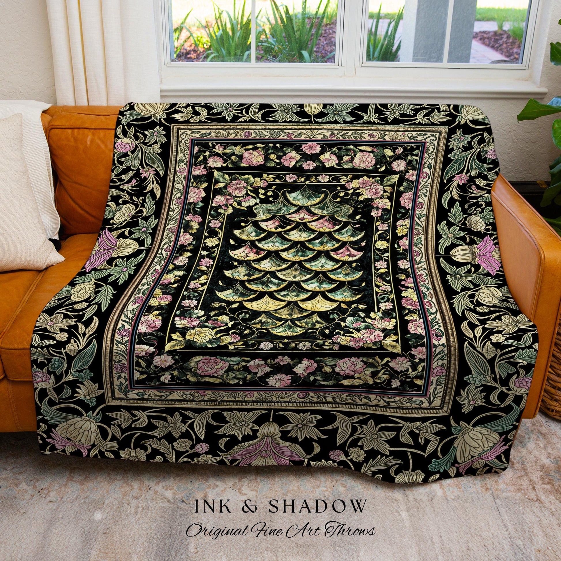 Witchy Mystic Dragon Scale Blanket | Gothic Baroque Dark Academia Pastel Floral Woven Tapestry Maximalist Ornate Eclectic Art Deco Decor |