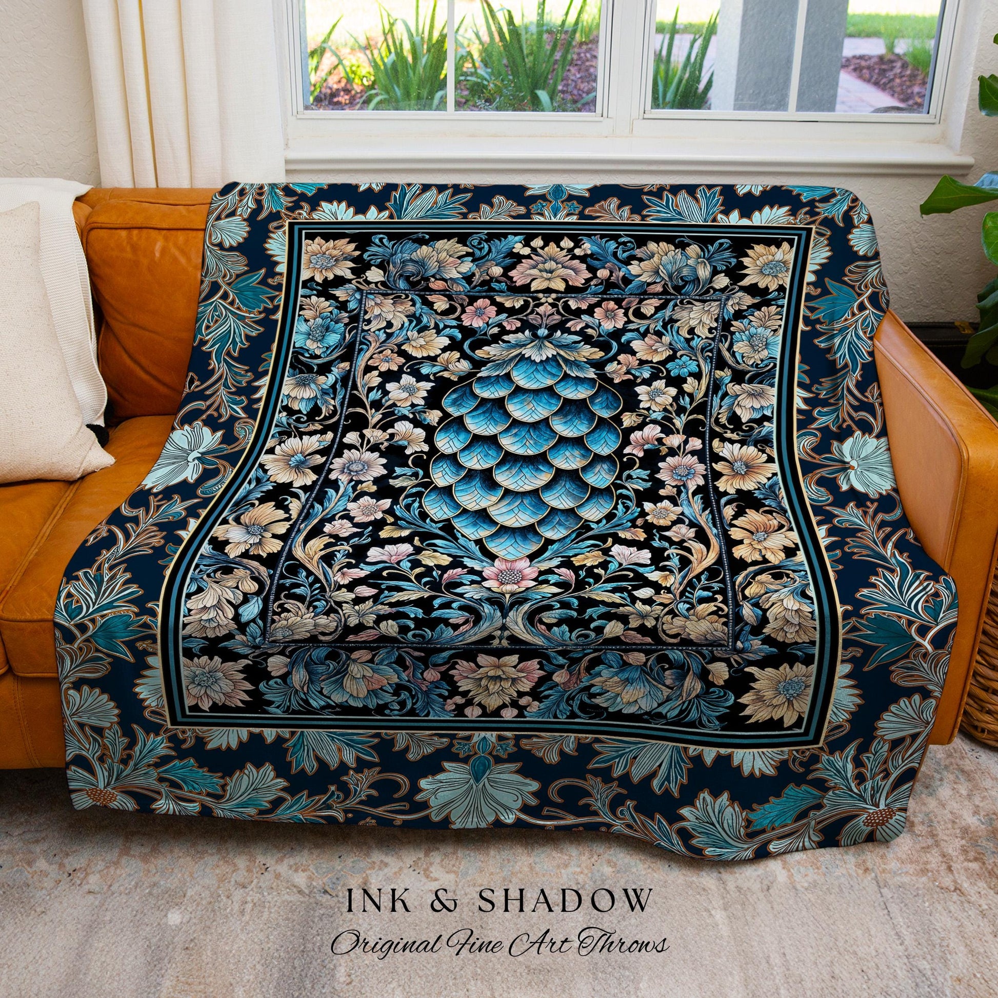 Indigo Magic Royal Woven Throw Blanket | Dark Academia Bedding Colorful Botanical Tapestry Elegant Ornate Dragon Scale Fairytale Medieval |