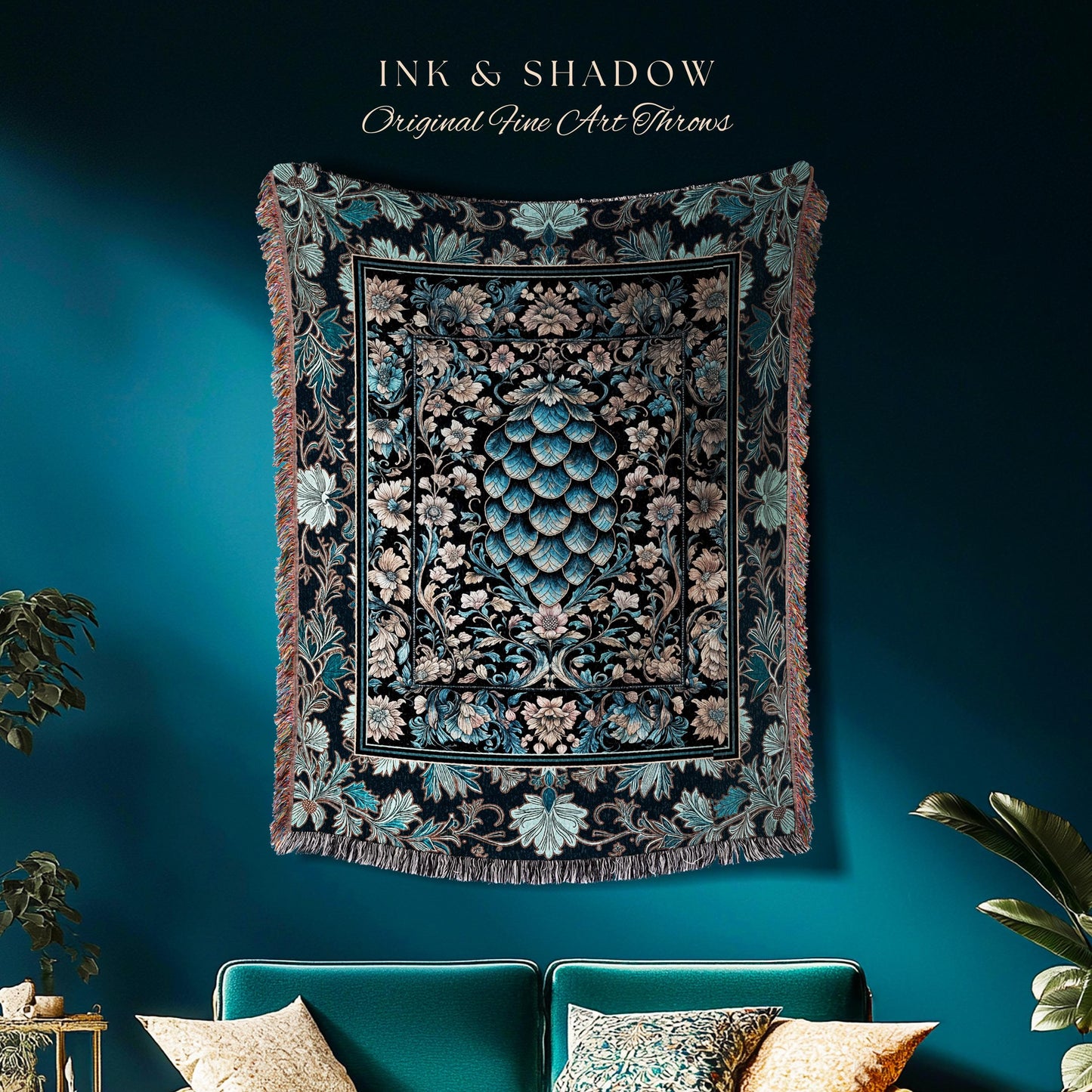 Indigo Magic Royal Woven Throw Blanket | Dark Academia Bedding Colorful Botanical Tapestry Elegant Ornate Dragon Scale Fairytale Medieval |