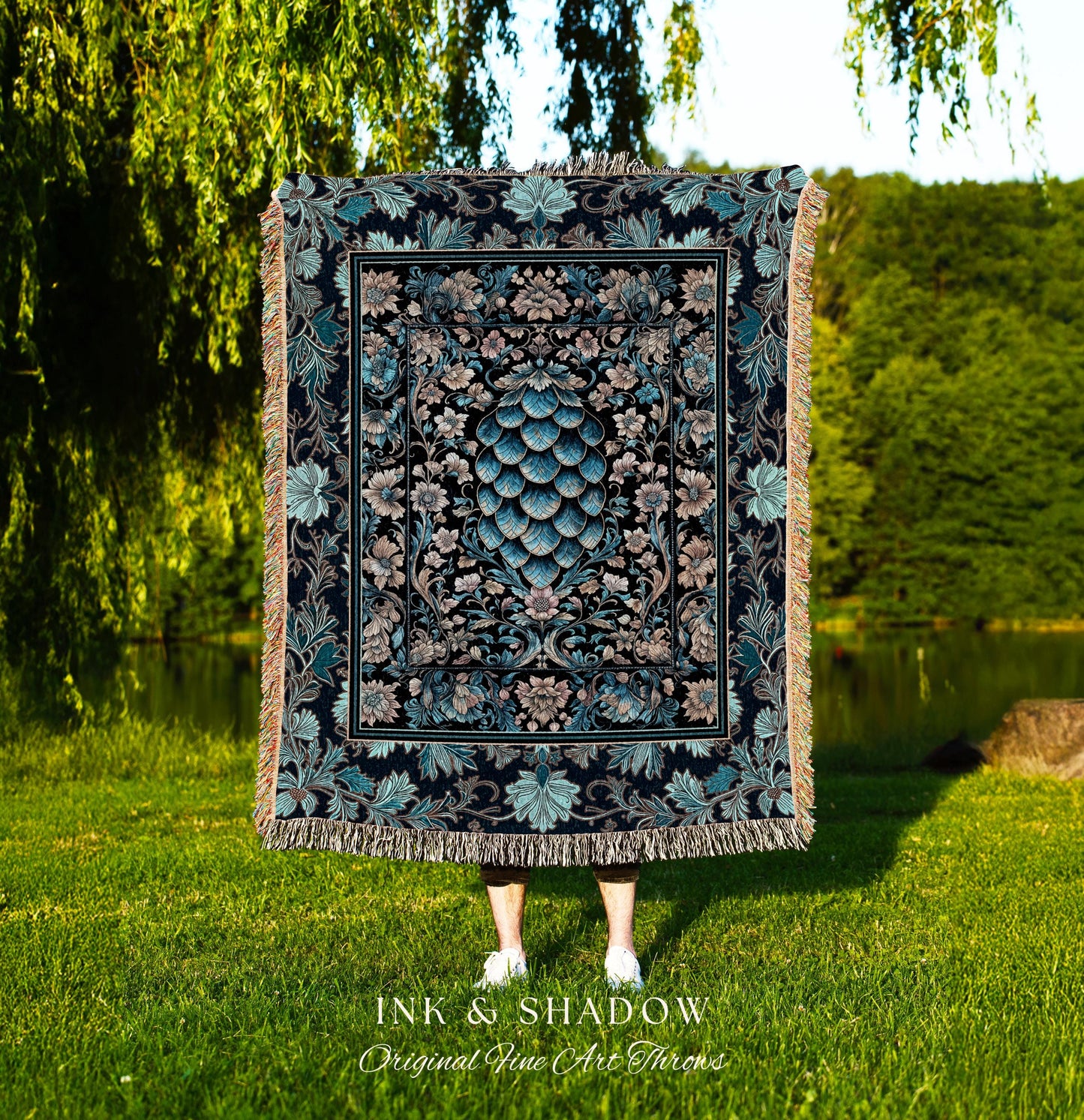 Indigo Magic Royal Woven Throw Blanket | Dark Academia Bedding Colorful Botanical Tapestry Elegant Ornate Dragon Scale Fairytale Medieval |