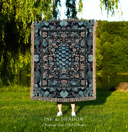 Indigo Magic Royal Woven Throw Blanket | Dark Academia Bedding Colorful Botanical Tapestry Elegant Ornate Dragon Scale Fairytale Medieval |