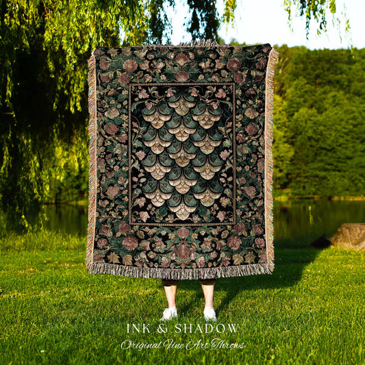 Moody Mysticism Dragon Scale Tapestry | Dark Cottagecore Magical Medieval Woven Blanket Ornate Victorian Fantasy Aesthetic Book Nook Throw |
