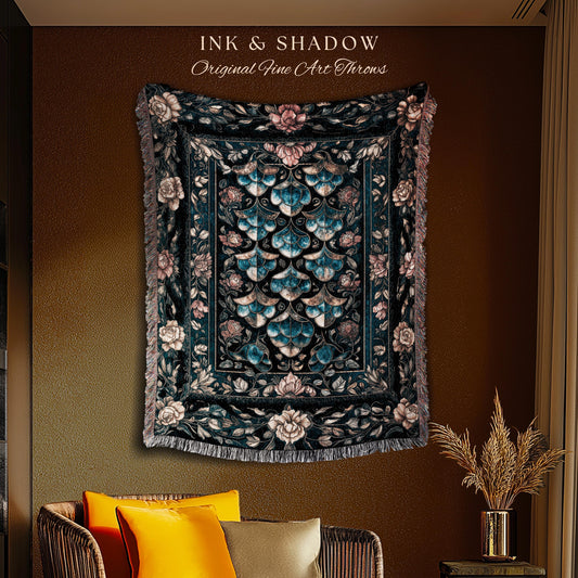 Mystical Dark Dragon Scale Wall Tapestry | Goth Baroque Elegance Navy Blue Dark Academia Aesthetic Fairytale Ornate Woven Throw Blanket |