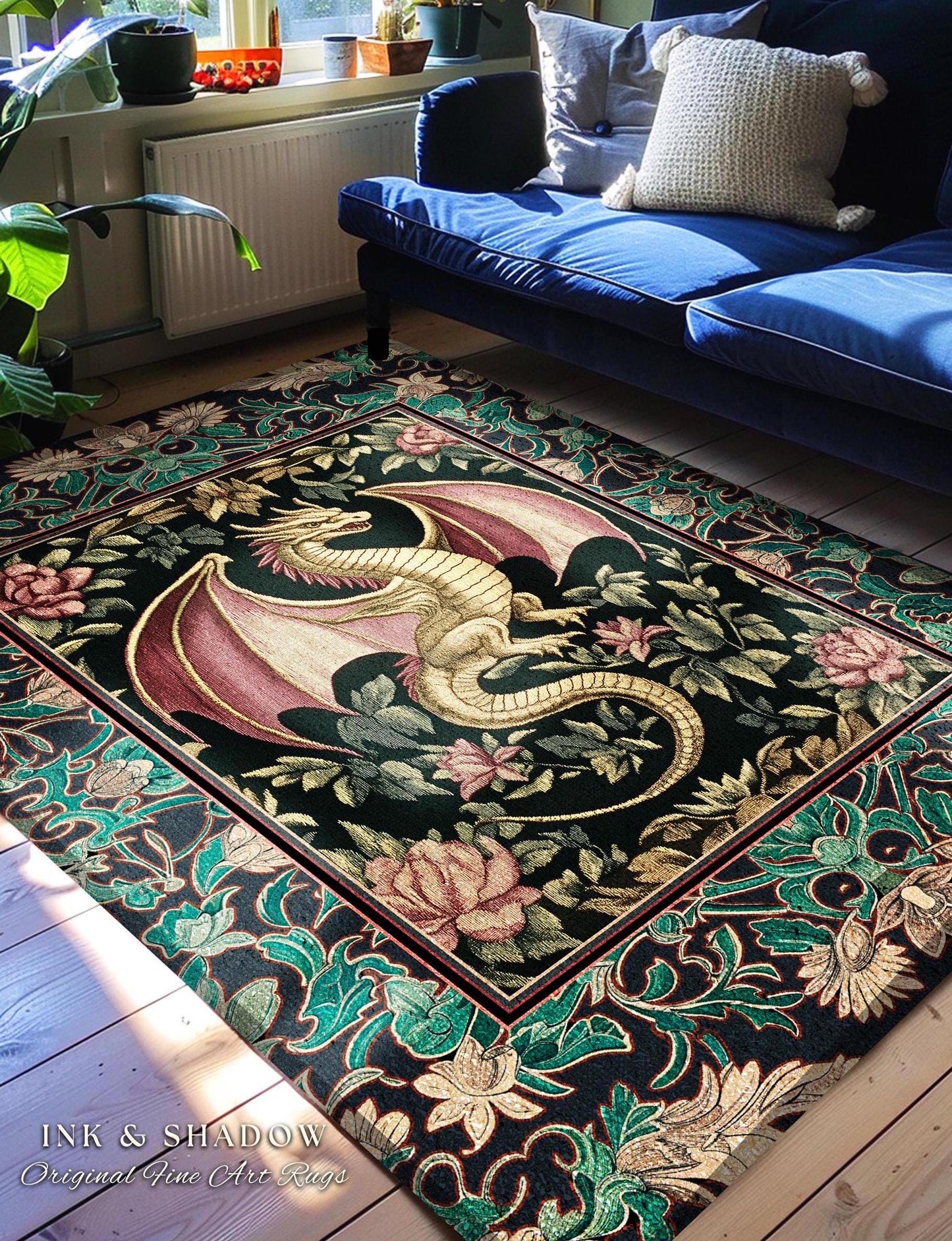 Victorian Gothic Medieval Dragon Rug | Enchanted Ornate Baroque Fantasy Home Accent Mystical Vintage Whimsigoth Woodland Bedroom Art Trendy