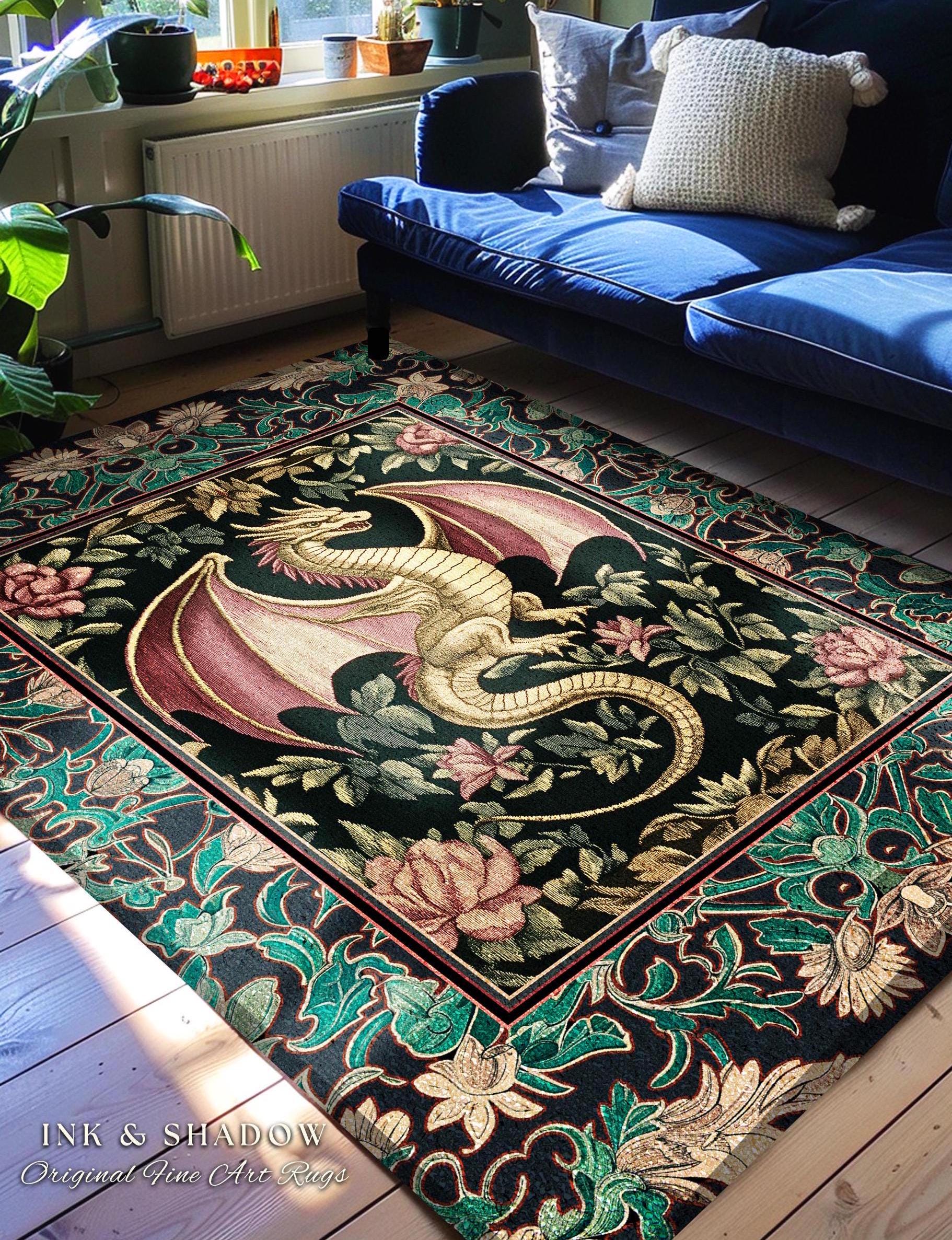 Victorian Gothic Medieval Dragon Rug | Enchanted Ornate Baroque Fantasy Home Accent Mystical Vintage Whimsigoth Woodland Bedroom Art Trendy