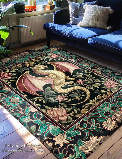 Victorian Gothic Medieval Dragon Rug | Enchanted Ornate Baroque Fantasy Home Accent Mystical Vintage Whimsigoth Woodland Bedroom Art Trendy