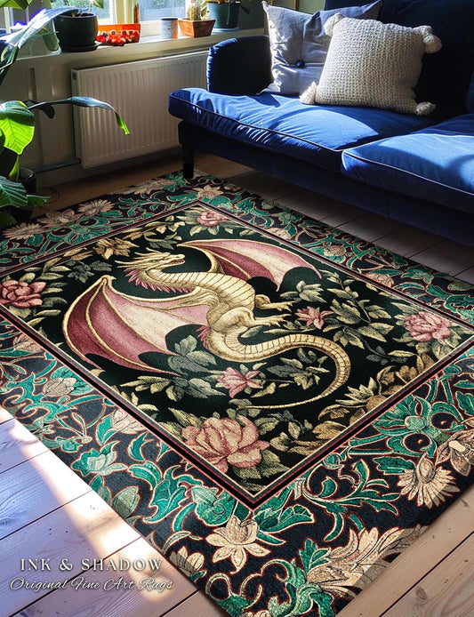 Victorian Gothic Medieval Dragon Rug | Enchanted Ornate Baroque Fantasy Home Accent Mystical Vintage Whimsigoth Woodland Bedroom Art Trendy