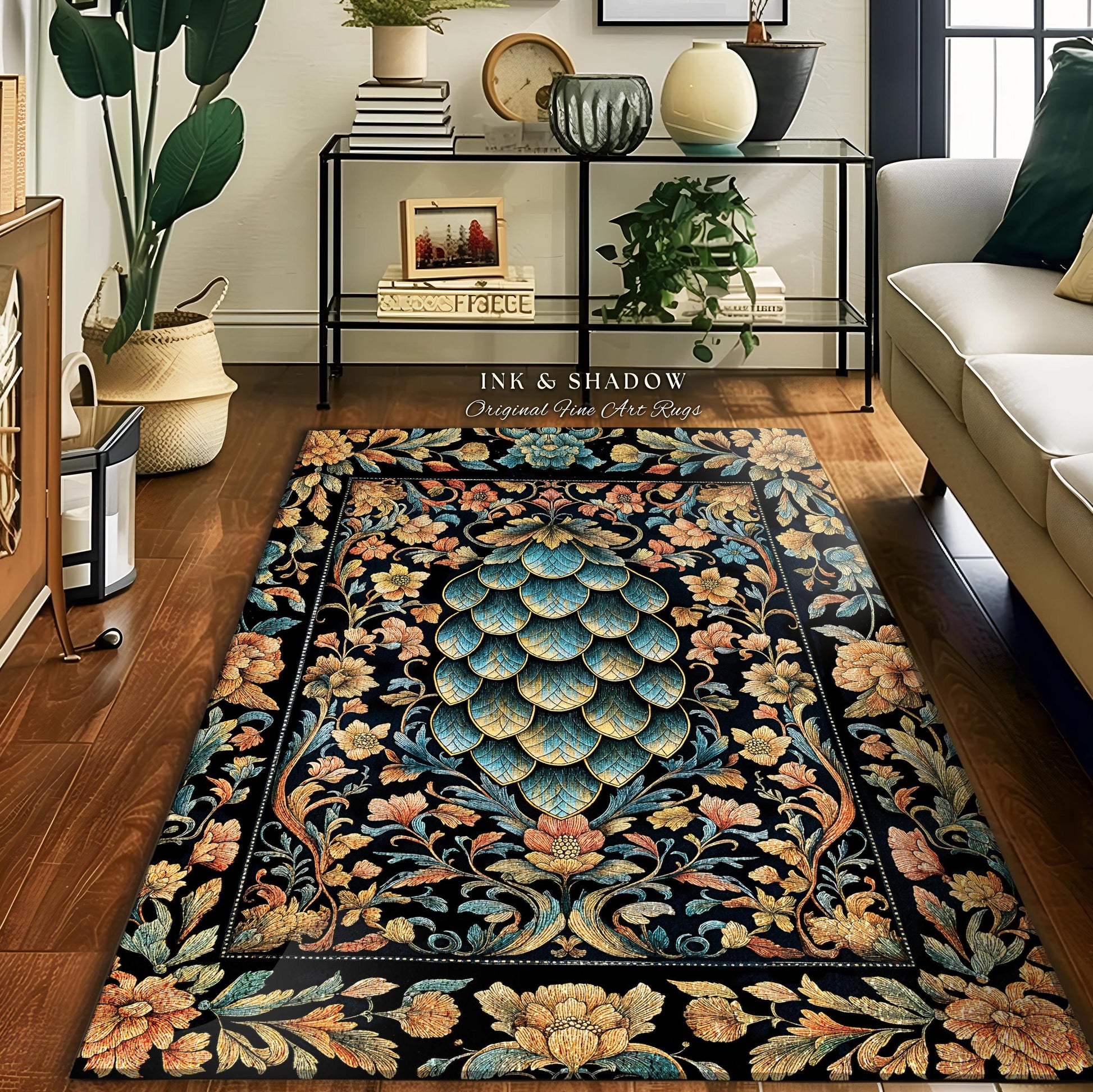 Elegant Botanical Mystic Accent Rug | Whimsical Ornate Dragon Scale Area Rug Fairytale Medieval Decorative Fairycore Fantasy Bedroom Decor |
