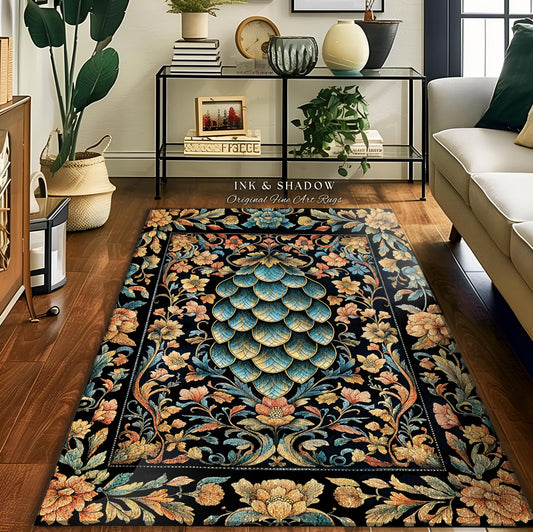 Elegant Botanical Mystic Accent Rug | Whimsical Ornate Dragon Scale Area Rug Fairytale Medieval Decorative Fairycore Fantasy Bedroom Decor |