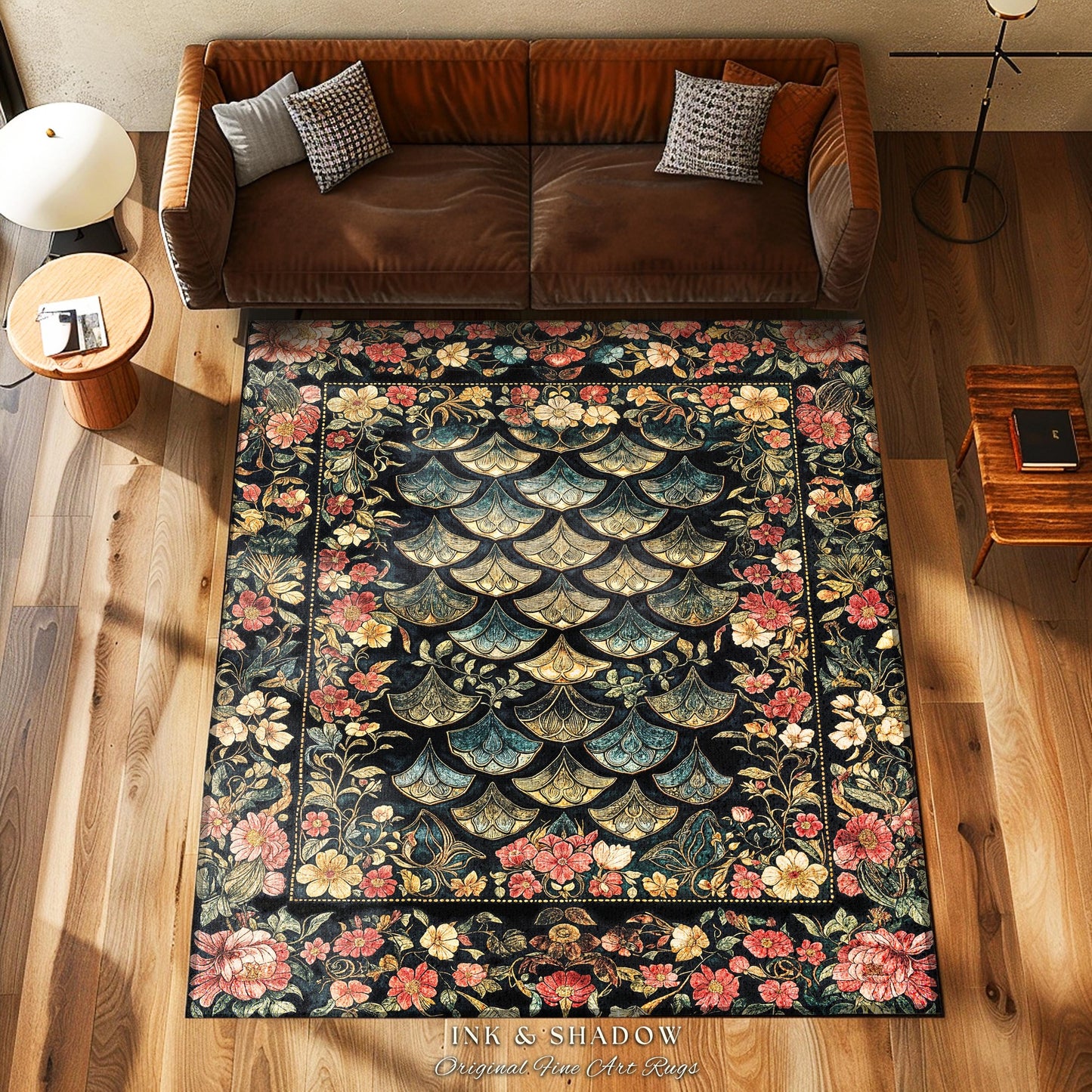 Floral Fantasy Fairytale Whimsical Dragon Scale Accent Rug | Ethereal Botanical Medieval Academia Art Decorative Floor Mat Fairycore Decor