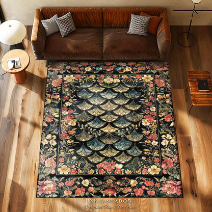 Floral Fantasy Fairytale Whimsical Dragon Scale Accent Rug | Ethereal Botanical Medieval Academia Art Decorative Floor Mat Fairycore Decor
