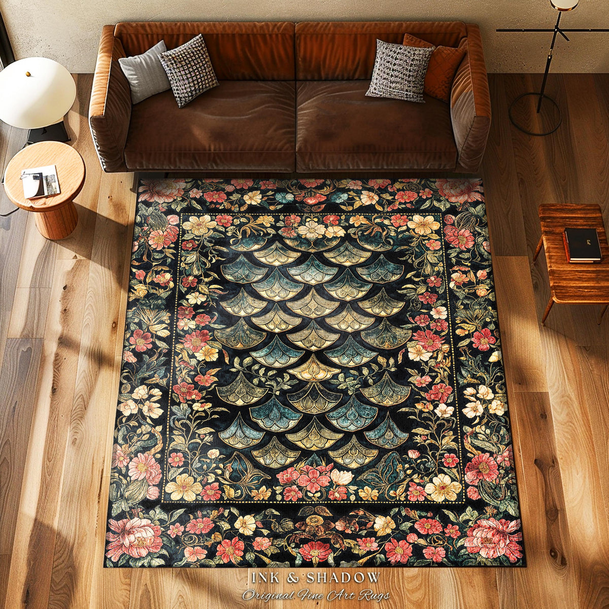 Floral Fantasy Fairytale Whimsical Dragon Scale Accent Rug | Ethereal Botanical Medieval Academia Art Decorative Floor Mat Fairycore Decor