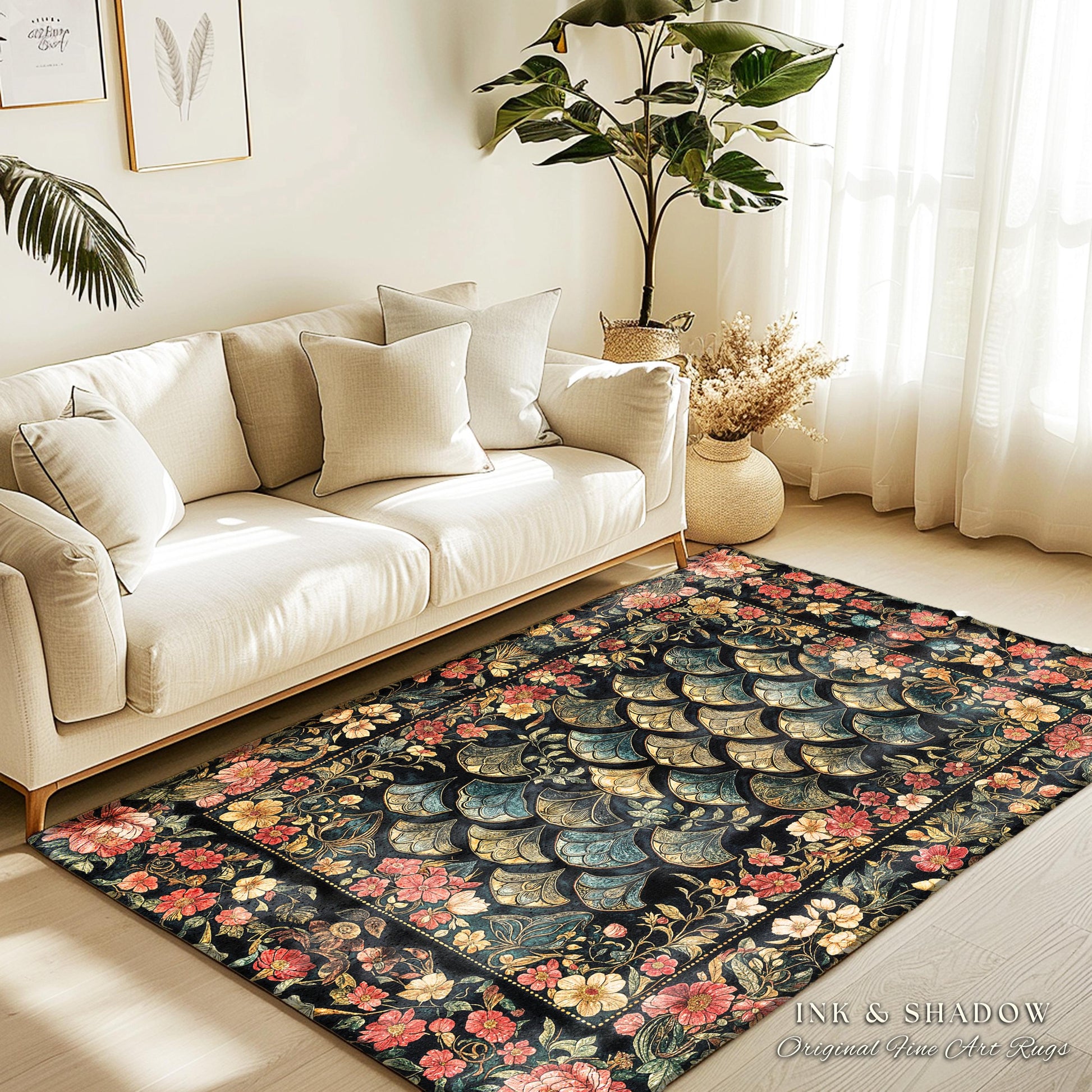 Floral Fantasy Fairytale Whimsical Dragon Scale Accent Rug | Ethereal Botanical Medieval Academia Art Decorative Floor Mat Fairycore Decor