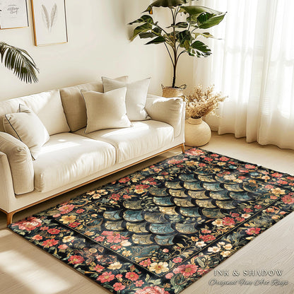 Floral Fantasy Fairytale Whimsical Dragon Scale Accent Rug | Ethereal Botanical Medieval Academia Art Decorative Floor Mat Fairycore Decor