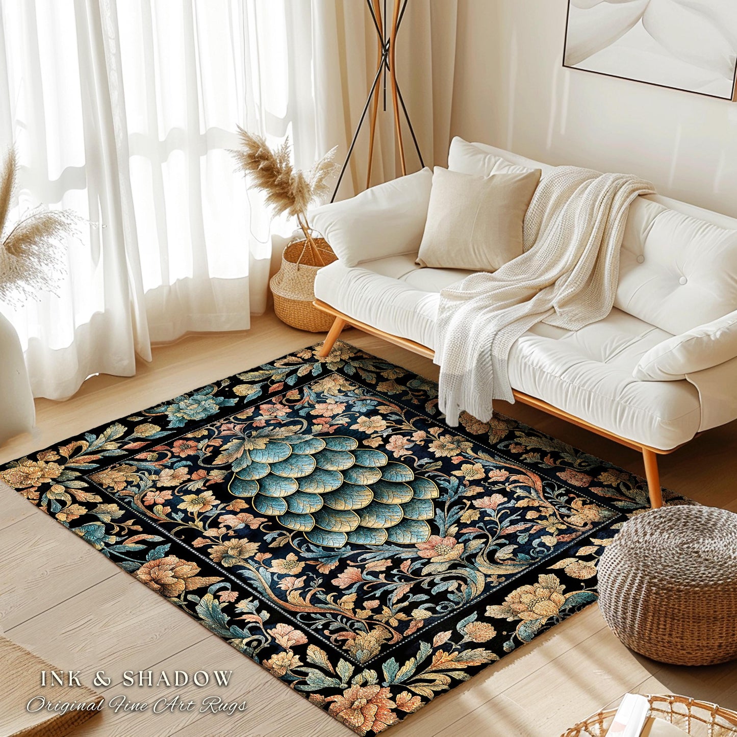 Elegant Botanical Mystic Accent Rug | Whimsical Ornate Dragon Scale Area Rug Fairytale Medieval Decorative Fairycore Fantasy Bedroom Decor |