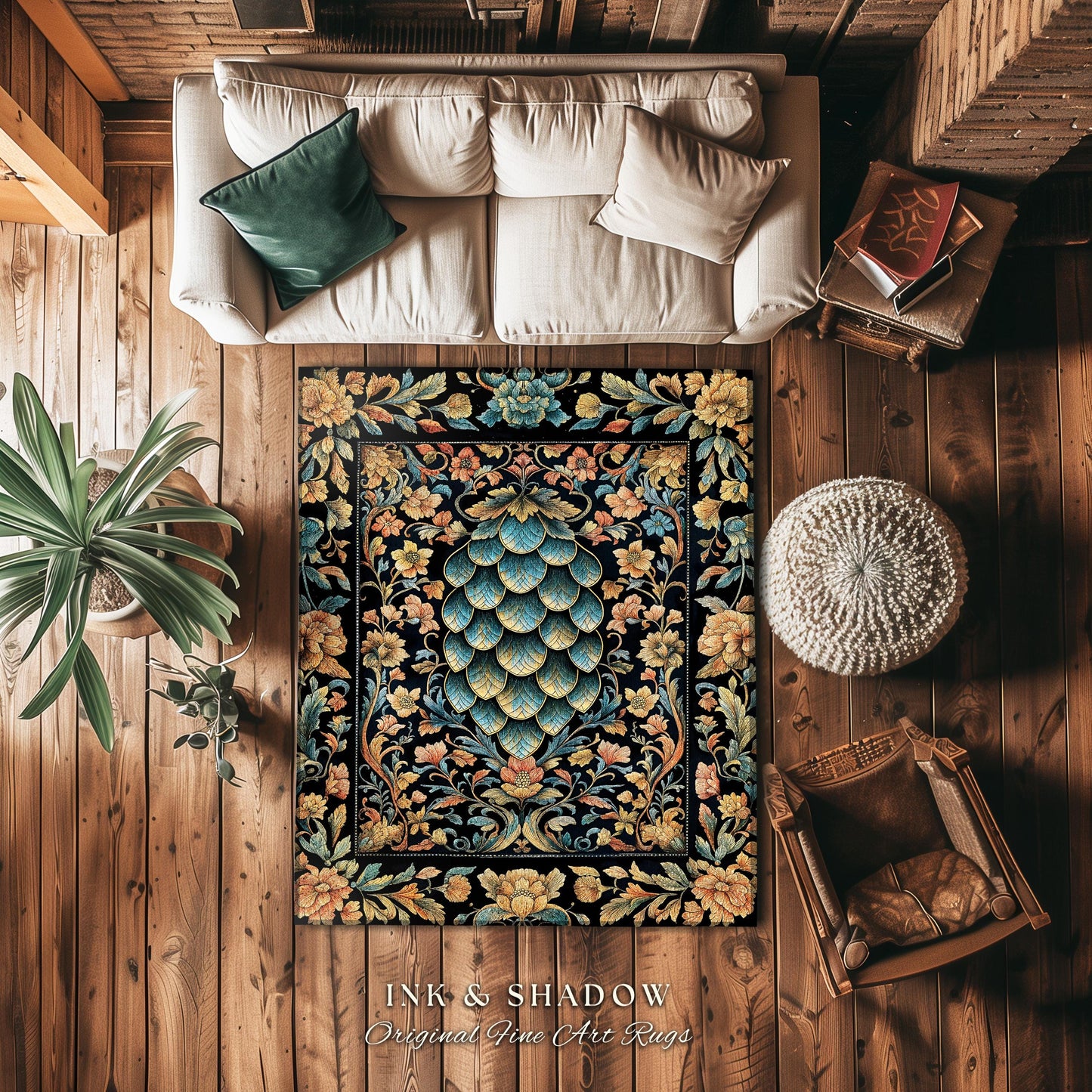 Elegant Botanical Mystic Accent Rug | Whimsical Ornate Dragon Scale Area Rug Fairytale Medieval Decorative Fairycore Fantasy Bedroom Decor |