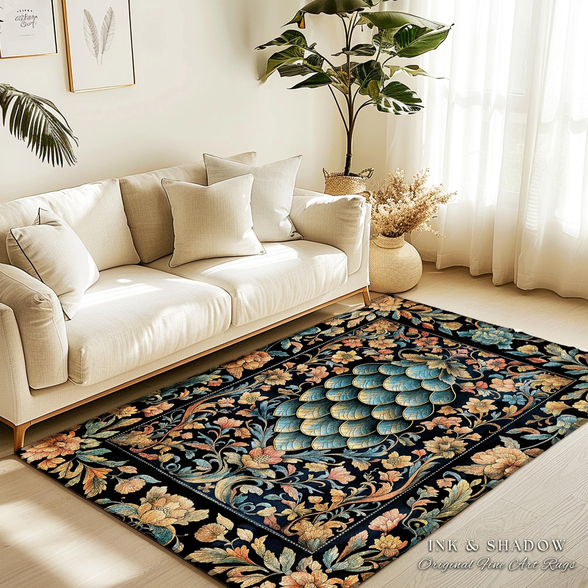 Elegant Botanical Mystic Accent Rug | Whimsical Ornate Dragon Scale Area Rug Fairytale Medieval Decorative Fairycore Fantasy Bedroom Decor |