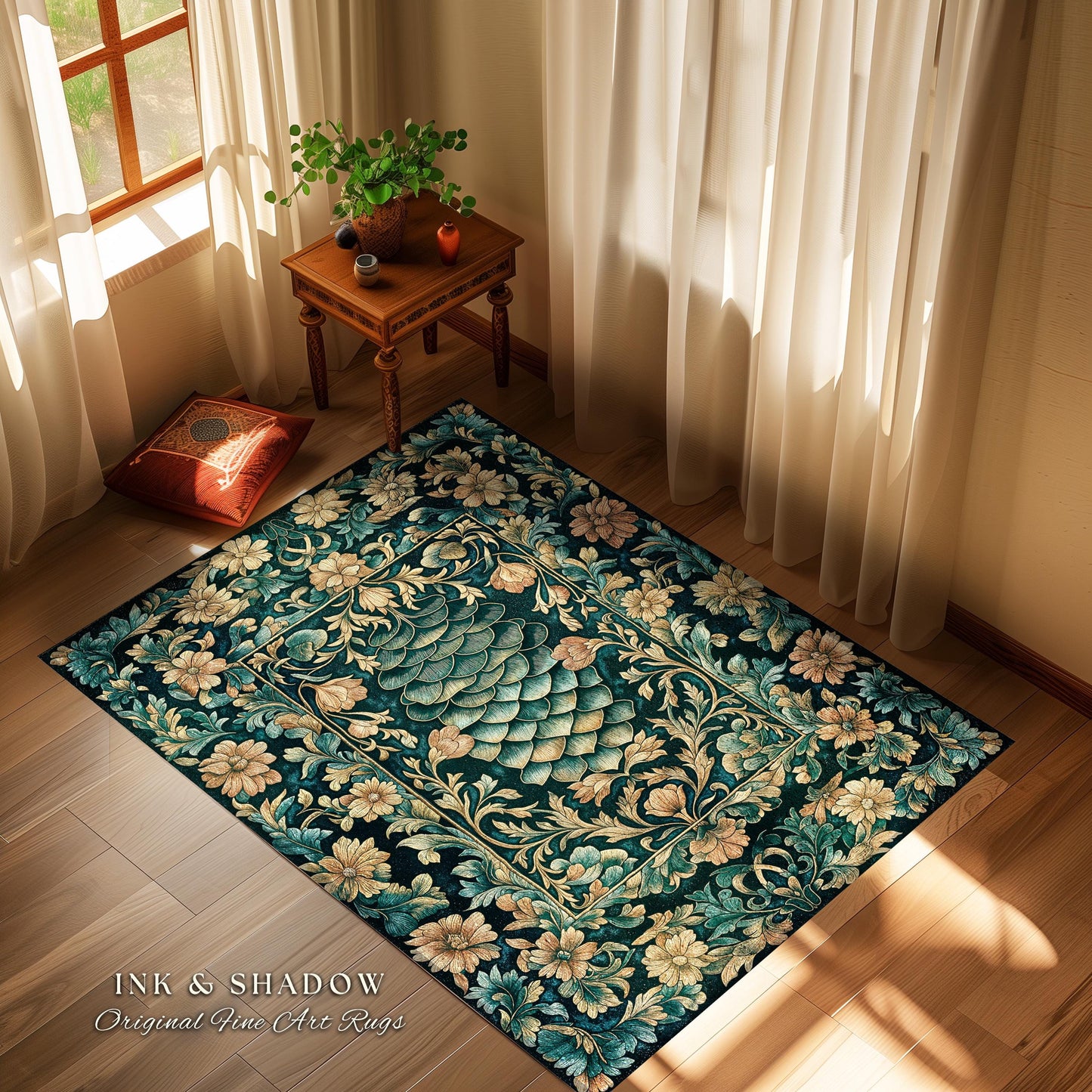 Flower Decorated Dragon Scale Area Rug | Nordic Style Dark Academia Fantasy Rug Medieval Home Accent Ornate Victorian Whimsy Gothic Teal |