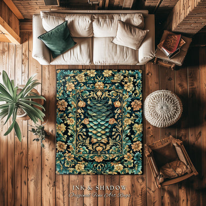 Flower Decorated Dragon Scale Area Rug | Nordic Style Dark Academia Fantasy Rug Medieval Home Accent Ornate Victorian Whimsy Gothic Teal |