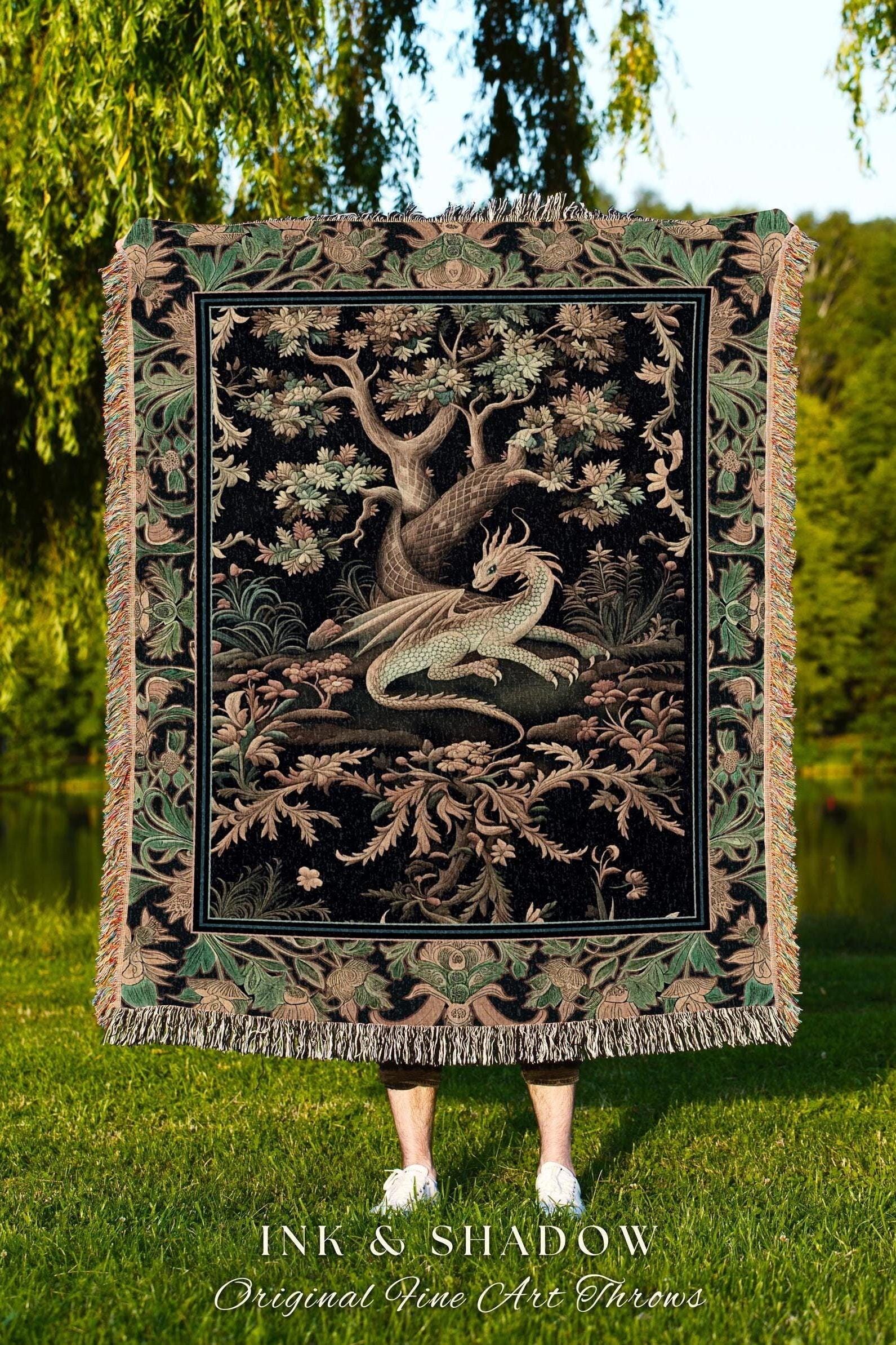 Ethereal Dragon Art Tapestry Throw Enchanted Decor Fantasy Forest Whimsical Woodland Gothic Decor | Fairytale Whimsy Art Deco Dragon Blanket