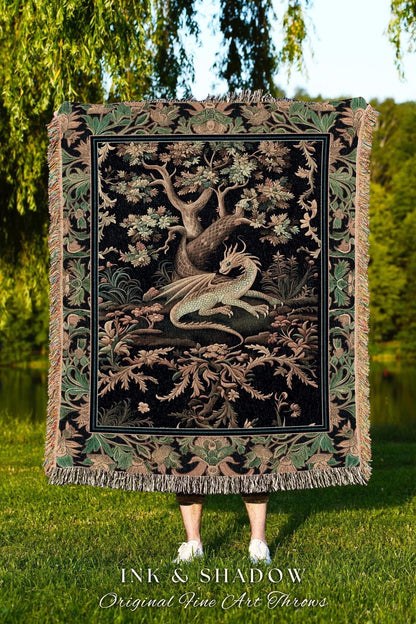 Ethereal Dragon Art Tapestry Throw Enchanted Decor Fantasy Forest Whimsical Woodland Gothic Decor | Fairytale Whimsy Art Deco Dragon Blanket