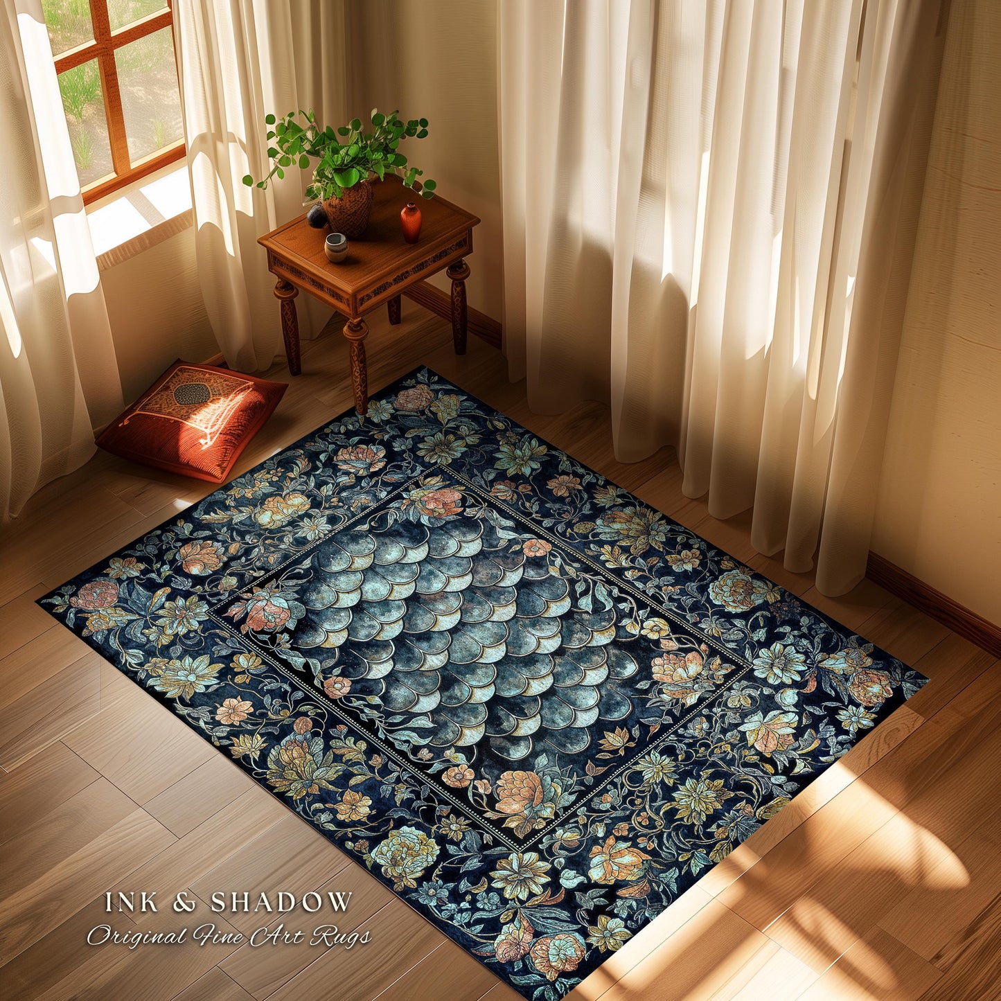 Dreamy Botanicals Dragon Scale Rug | Dark Academia Aesthetic Fairytale Home Decor Accent Rug Cottagecore Ocean Blue Decor Whimsical Gothic