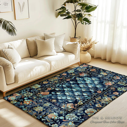 Dreamy Botanicals Dragon Scale Rug | Dark Academia Aesthetic Fairytale Home Decor Accent Rug Cottagecore Ocean Blue Decor Whimsical Gothic