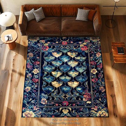 Medieval Dragon Scale Victorian Rug | Dark Navy Blue Gothic Dark Academia Aesthetic Fairytale Home Decor Enchanted Ornate Whimsical Floral |