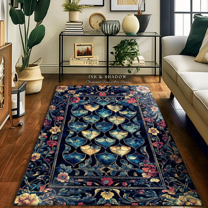 Medieval Dragon Scale Victorian Rug | Dark Navy Blue Gothic Dark Academia Aesthetic Fairytale Home Decor Enchanted Ornate Whimsical Floral |