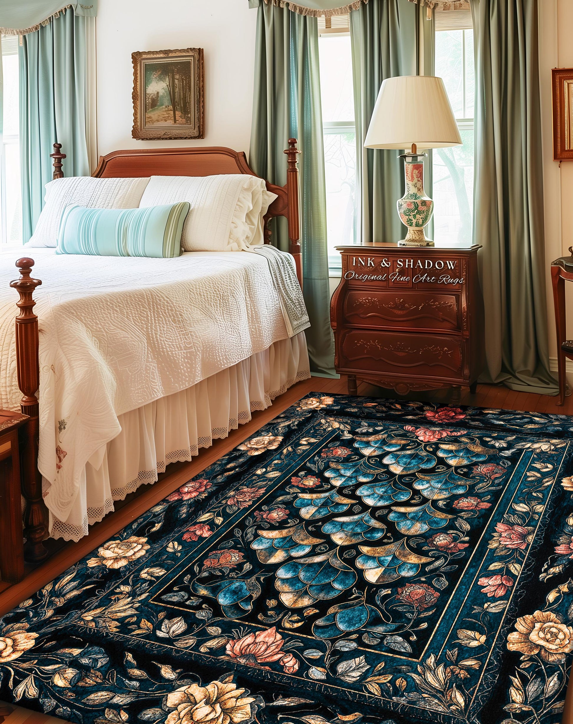 Mystical Dark Dragon Scale Accent Rug | Gothic Baroque Elegance Navy Blue Teal Whimsical Academia Art Fairytale Floral Floor Mat Home Decor
