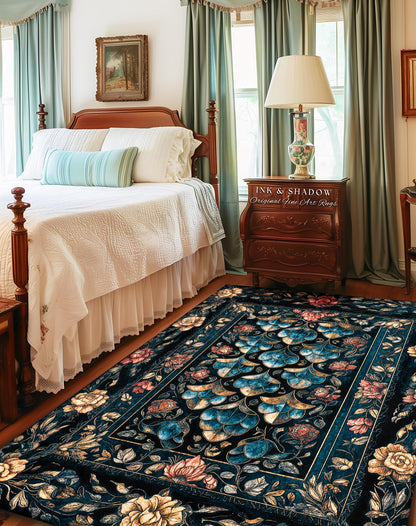 Mystical Dark Dragon Scale Accent Rug | Gothic Baroque Elegance Navy Blue Teal Whimsical Academia Art Fairytale Floral Floor Mat Home Decor