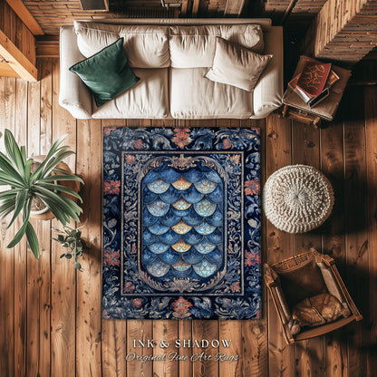 Rustic Medieval Dragon Accent Rug | Mystic Fairytale Aesthetic Royal Dark Academia Navy Blue Bedroom Moody Botanical Elegance Fairycore |