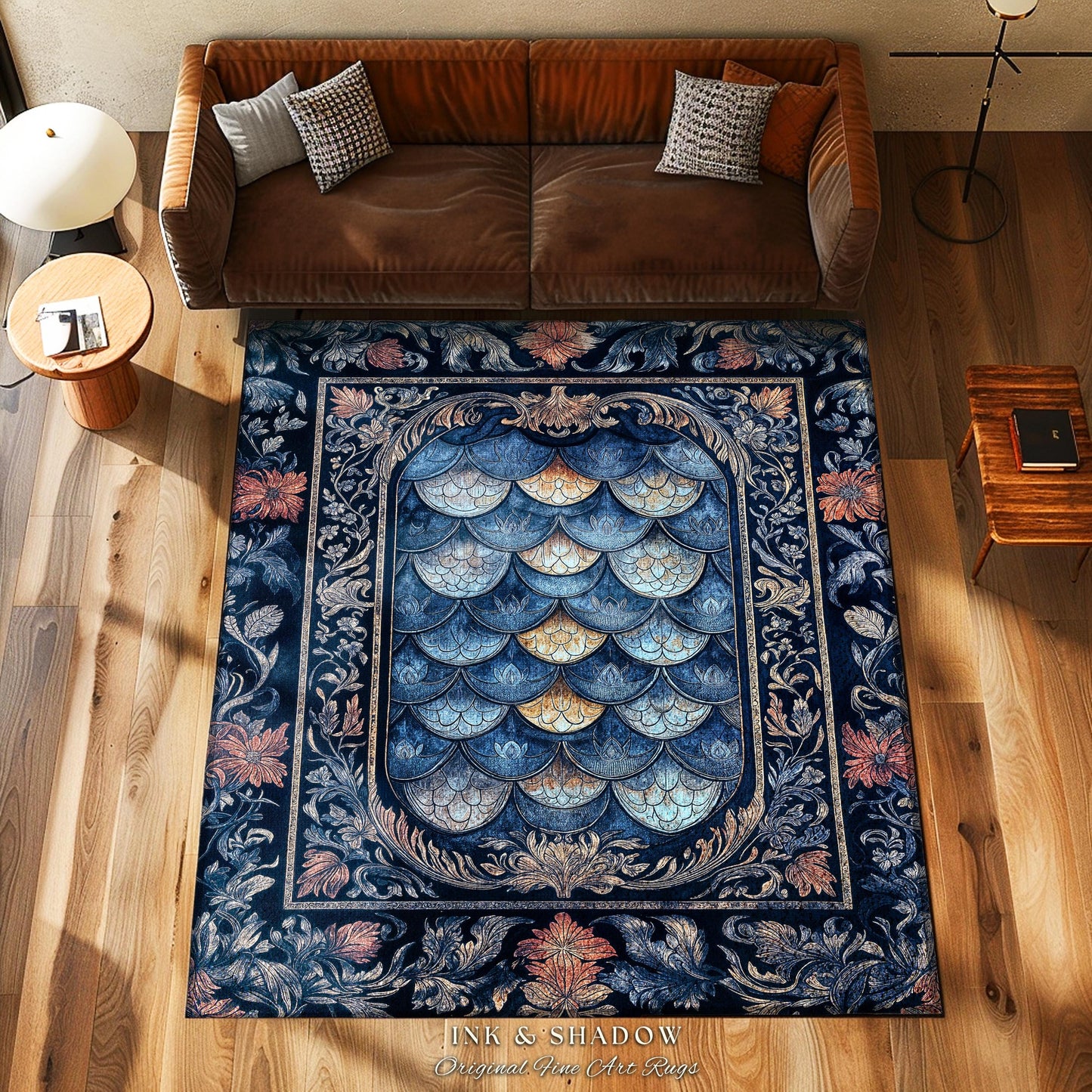 Rustic Medieval Dragon Accent Rug | Mystic Fairytale Aesthetic Royal Dark Academia Navy Blue Bedroom Moody Botanical Elegance Fairycore |