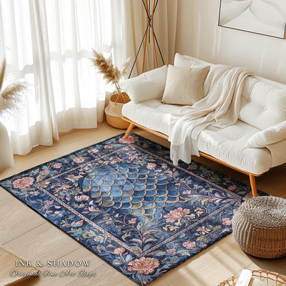Mystic Academia Dragon Scale Area Rug | Whimsigothic Elegance Ornate Baroque Navy Blue Aesthetic Fairytale Floral Home Decor Accent Rug Goth