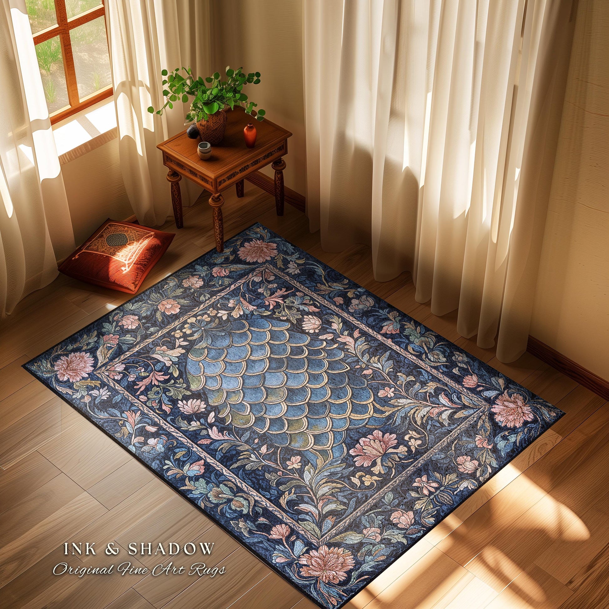 Mystic Academia Dragon Scale Area Rug | Whimsigothic Elegance Ornate Baroque Navy Blue Aesthetic Fairytale Floral Home Decor Accent Rug Goth
