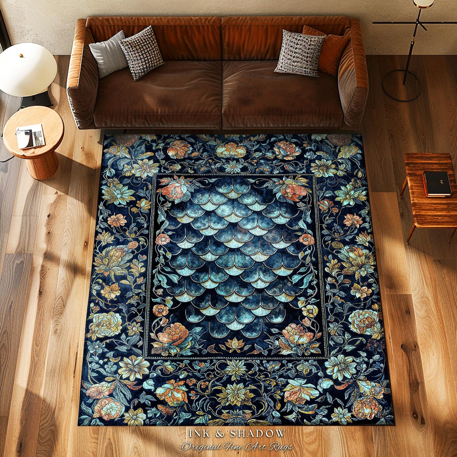 Dreamy Botanicals Dragon Scale Rug | Dark Academia Aesthetic Fairytale Home Decor Accent Rug Cottagecore Ocean Blue Decor Whimsical Gothic