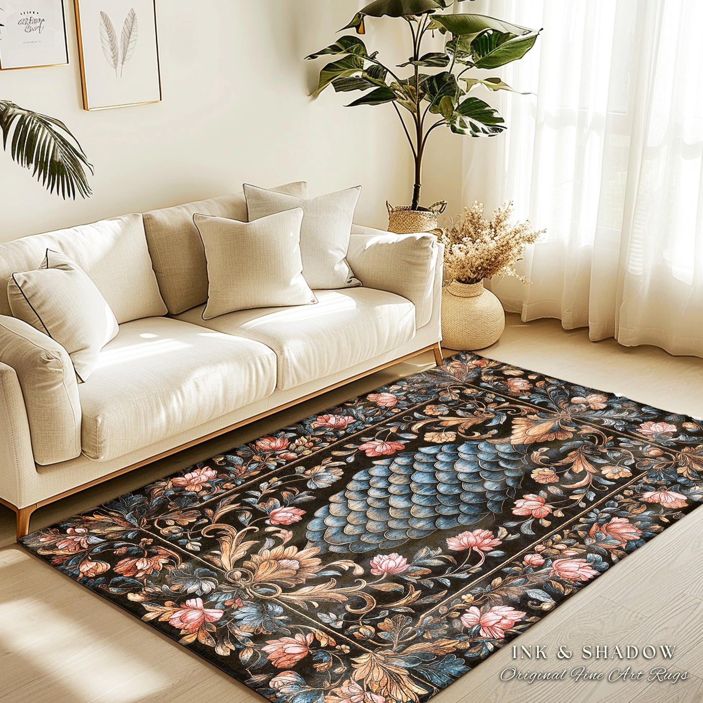 Book Nook Elegant Dragon Scale Rug | Whimsical Ornate Victorian Pastel Home Accent Rug Dark Academia Moody Botanical Coquette Aesthetic |