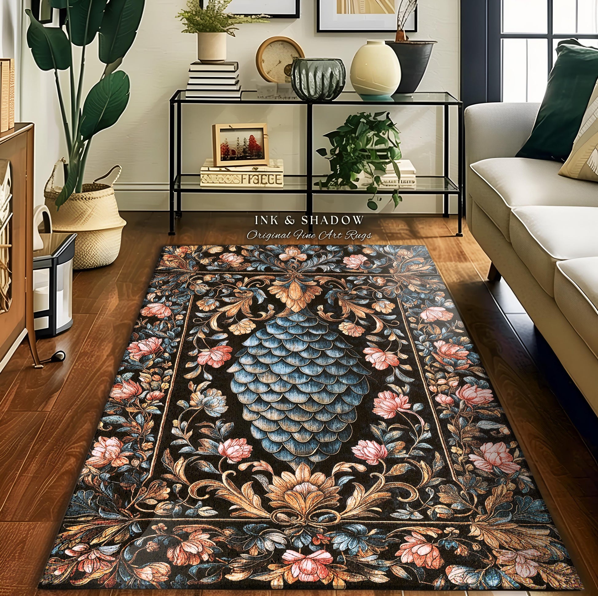 Book Nook Elegant Dragon Scale Rug | Whimsical Ornate Victorian Pastel Home Accent Rug Dark Academia Moody Botanical Coquette Aesthetic |