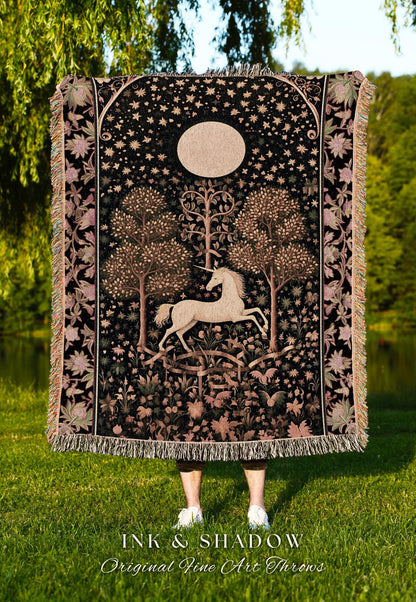 Princesscore Unicorn Tapestry Woven Folklore Aesthetic Whimsical Decor | Mystic Magical Moon Celestial Cottagecore Fairycore Throw Blanket