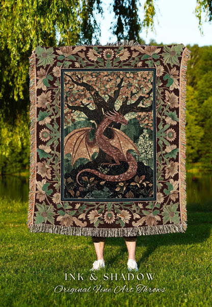 Modern Renaissance Dragon Throw Blanket | Victorian Gothic Tapestry Woodland Medieval Bedroom Ethereal Fairytale Gothic Dark Botanical Home
