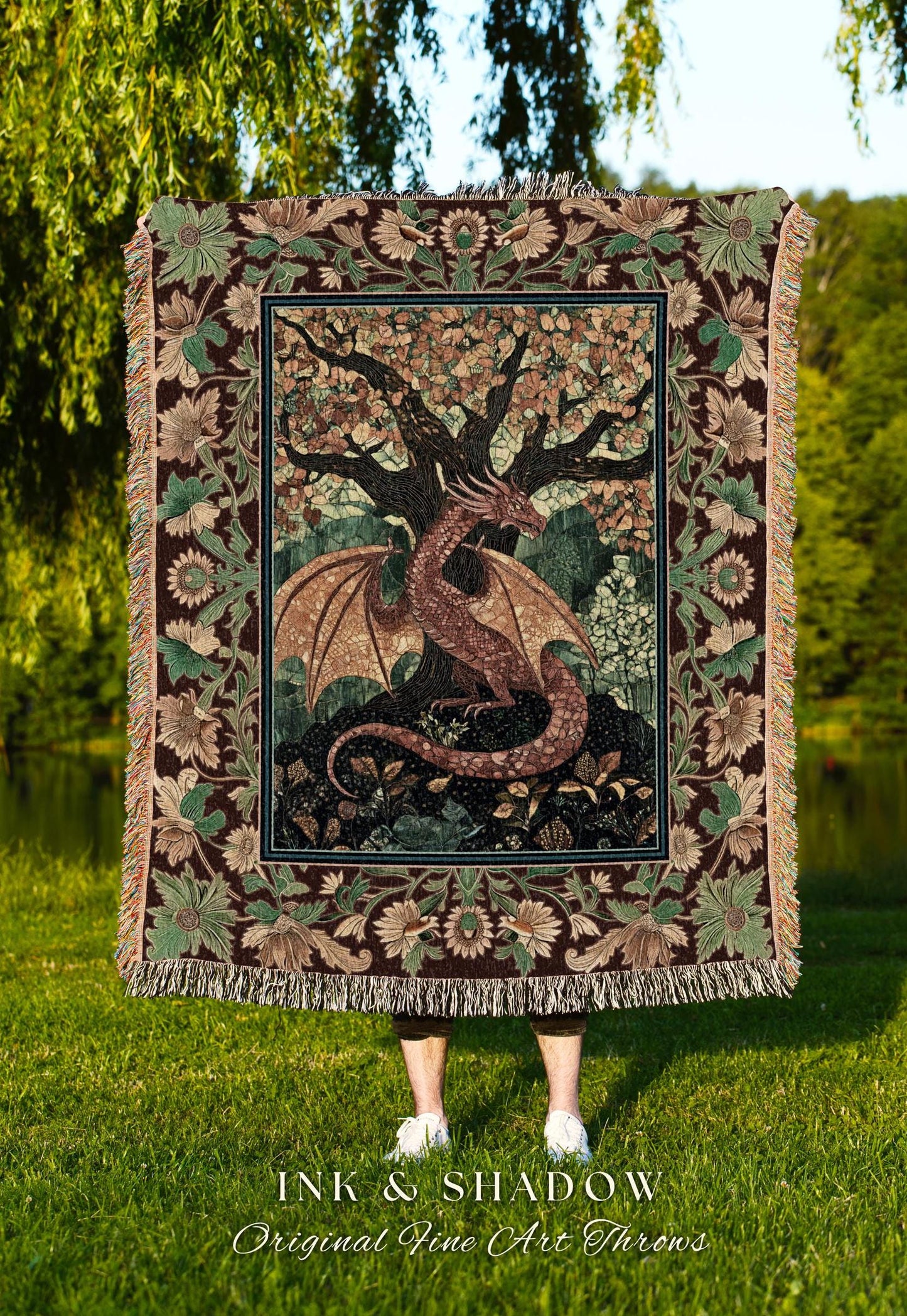 Modern Renaissance Dragon Throw Blanket | Victorian Gothic Tapestry Woodland Medieval Bedroom Ethereal Fairytale Gothic Dark Botanical Home