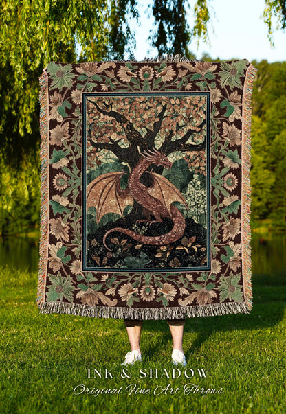 Modern Renaissance Dragon Throw Blanket | Victorian Gothic Tapestry Woodland Medieval Bedroom Ethereal Fairytale Gothic Dark Botanical Home