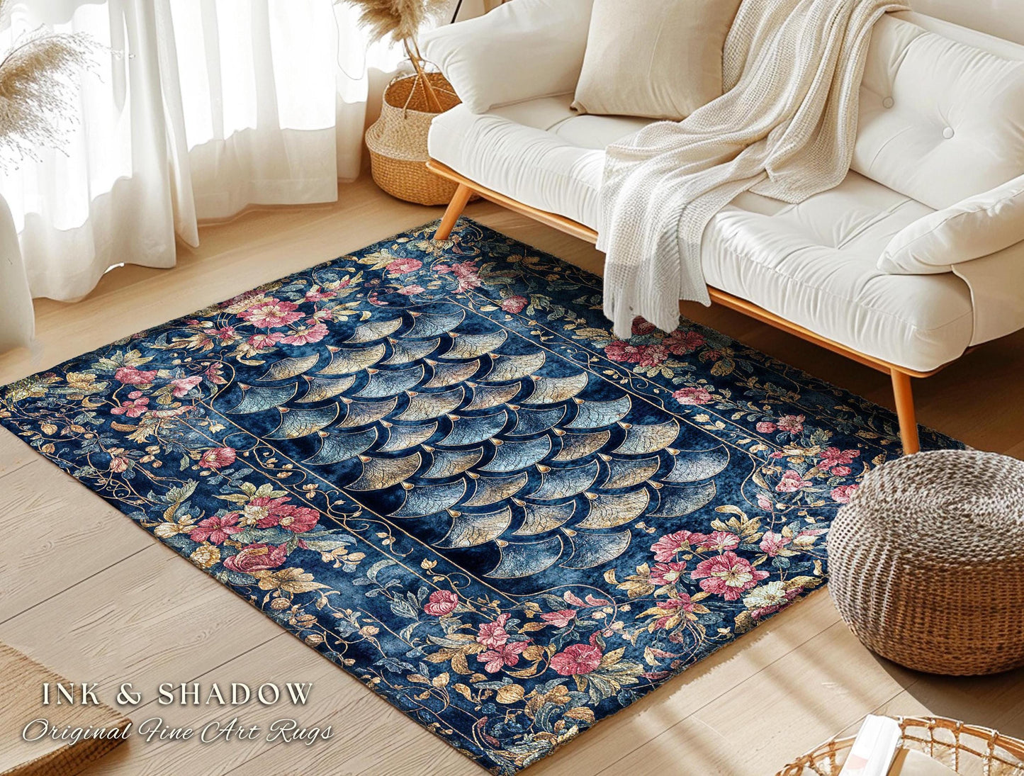 Ethereal Magic Floral Folklore Area Rug | Storybook Fairytale Dragon Scale Rug Medieval Wildflowers Home Accent Decorative Princesscore |